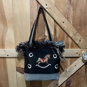 NWT Abetta shoulder bag fringe top black, white plaid bottom with rocking horse